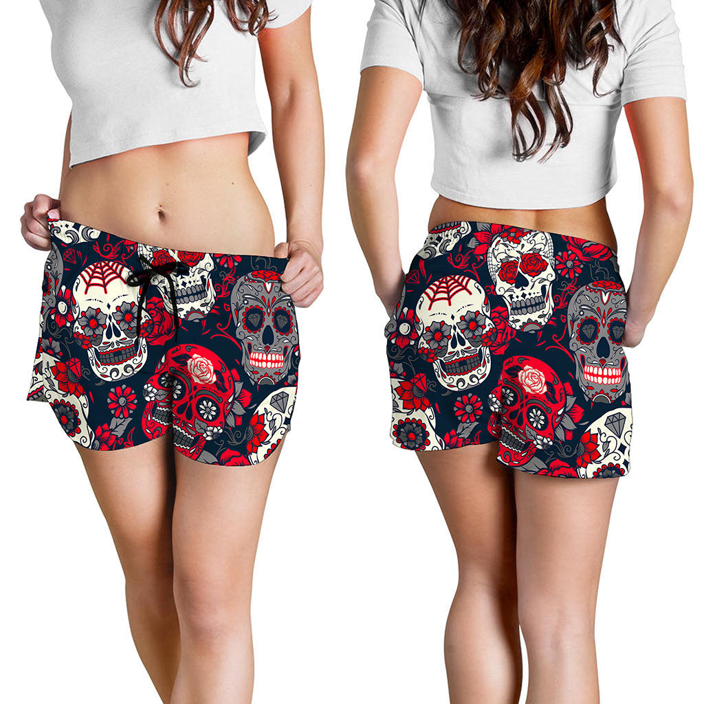 White Red Sugar Skull Pattern Print Women's Shorts
