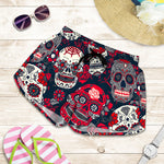 White Red Sugar Skull Pattern Print Women's Shorts