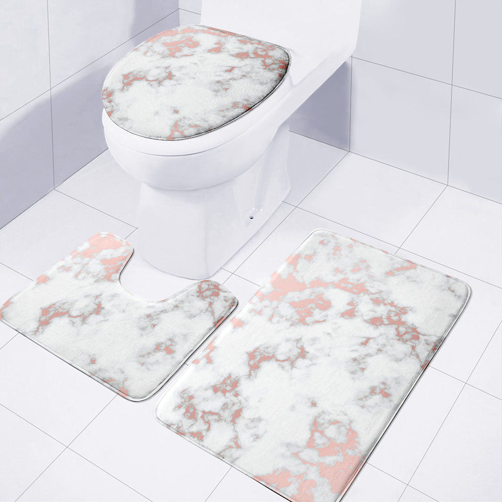 White Rose Gold Marble Print 3 Piece Bath Mat Set