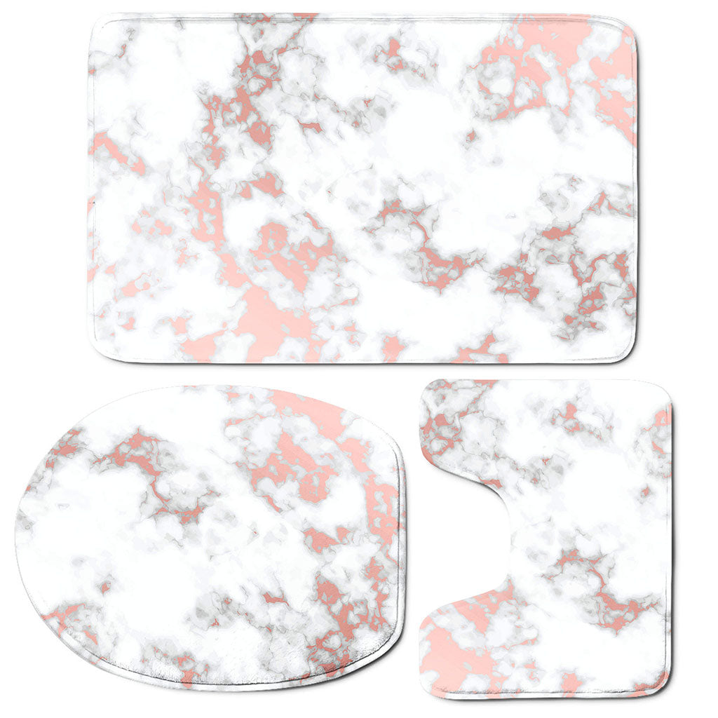 White Rose Gold Marble Print 3 Piece Bath Mat Set