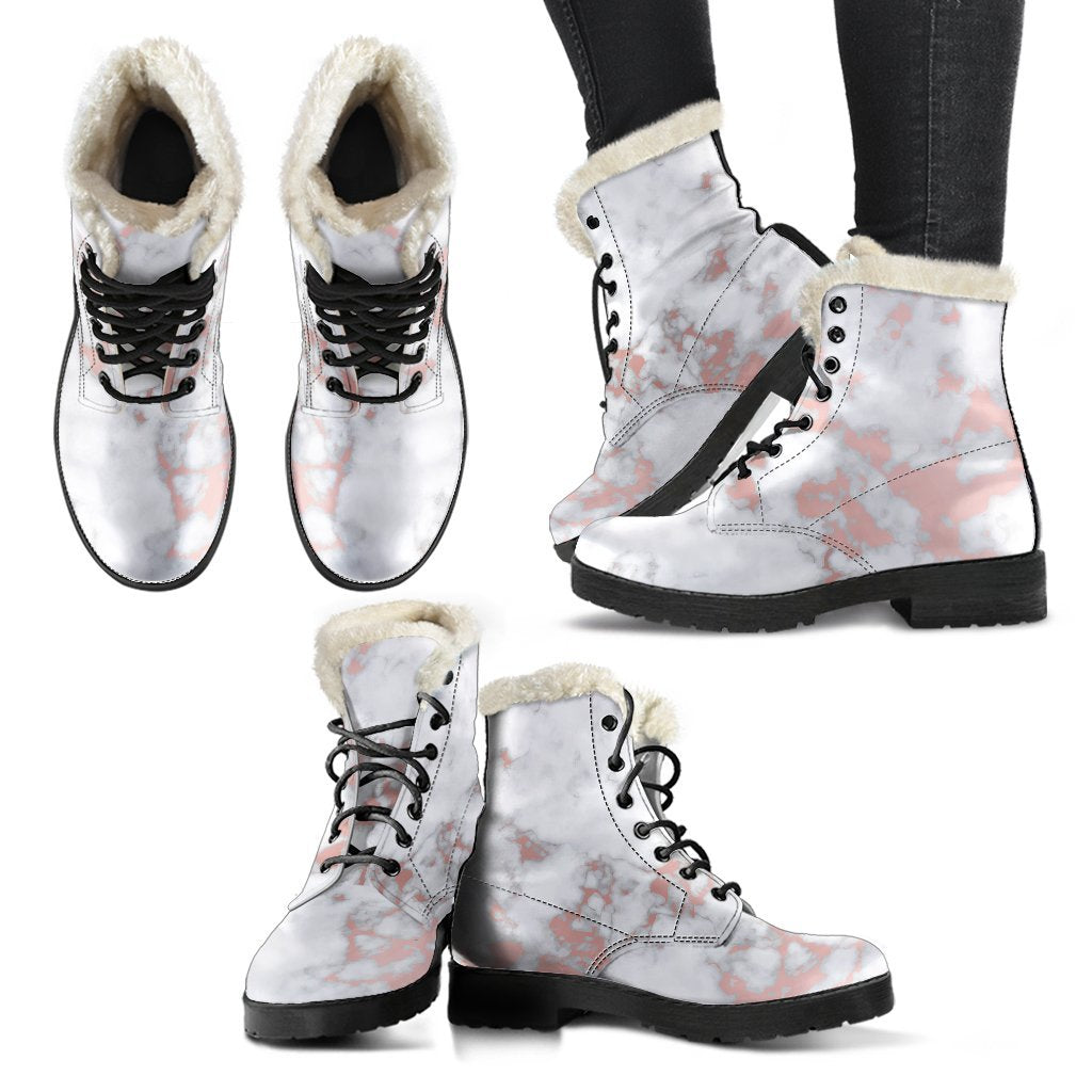 White Rose Gold Marble Print Comfy Boots GearFrost
