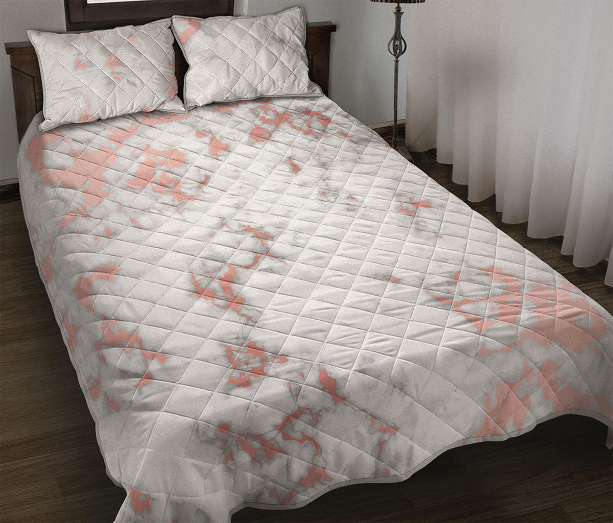 White Rose Gold Marble Print Quilt Bed Set