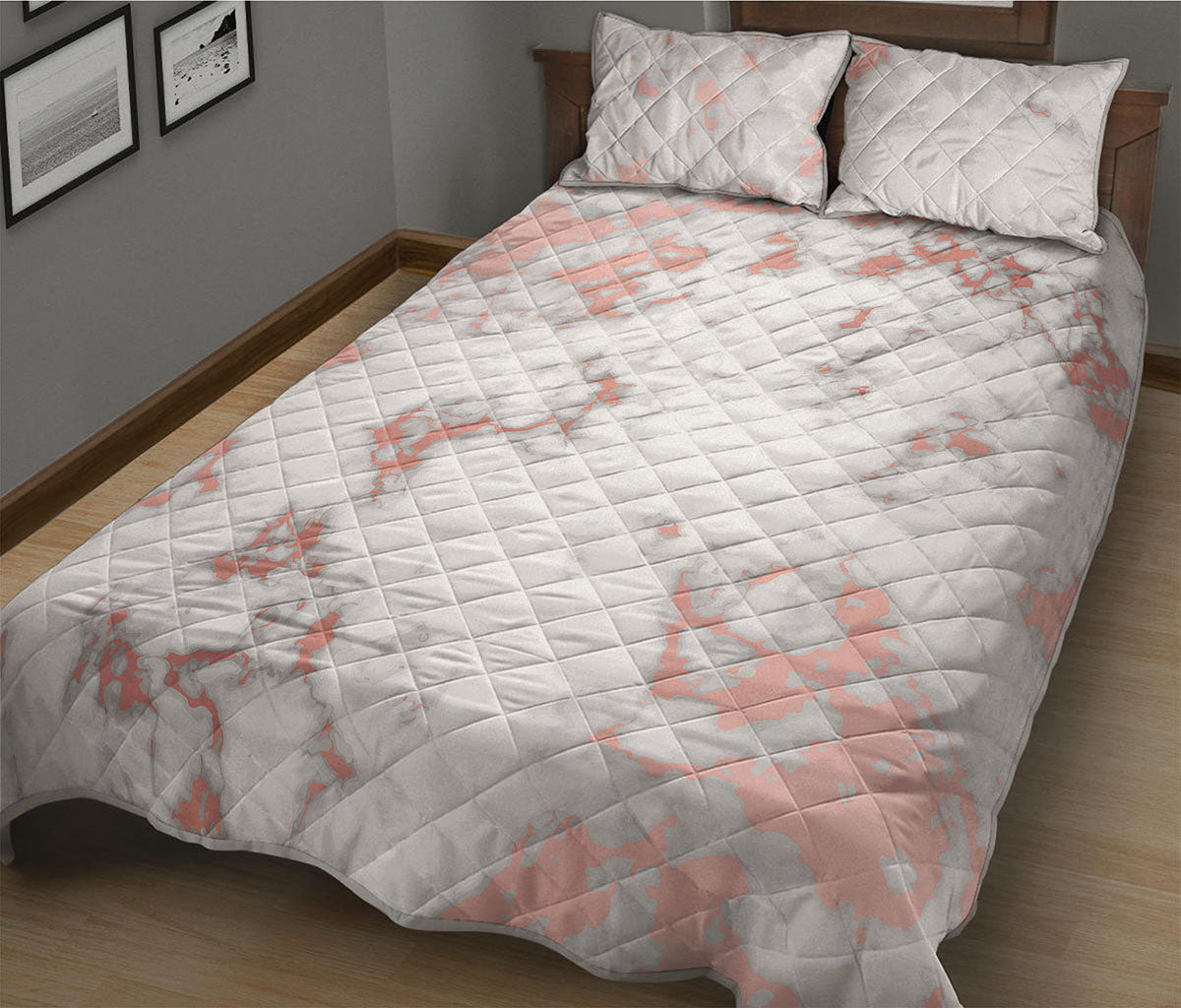 White Rose Gold Marble Print Quilt Bed Set