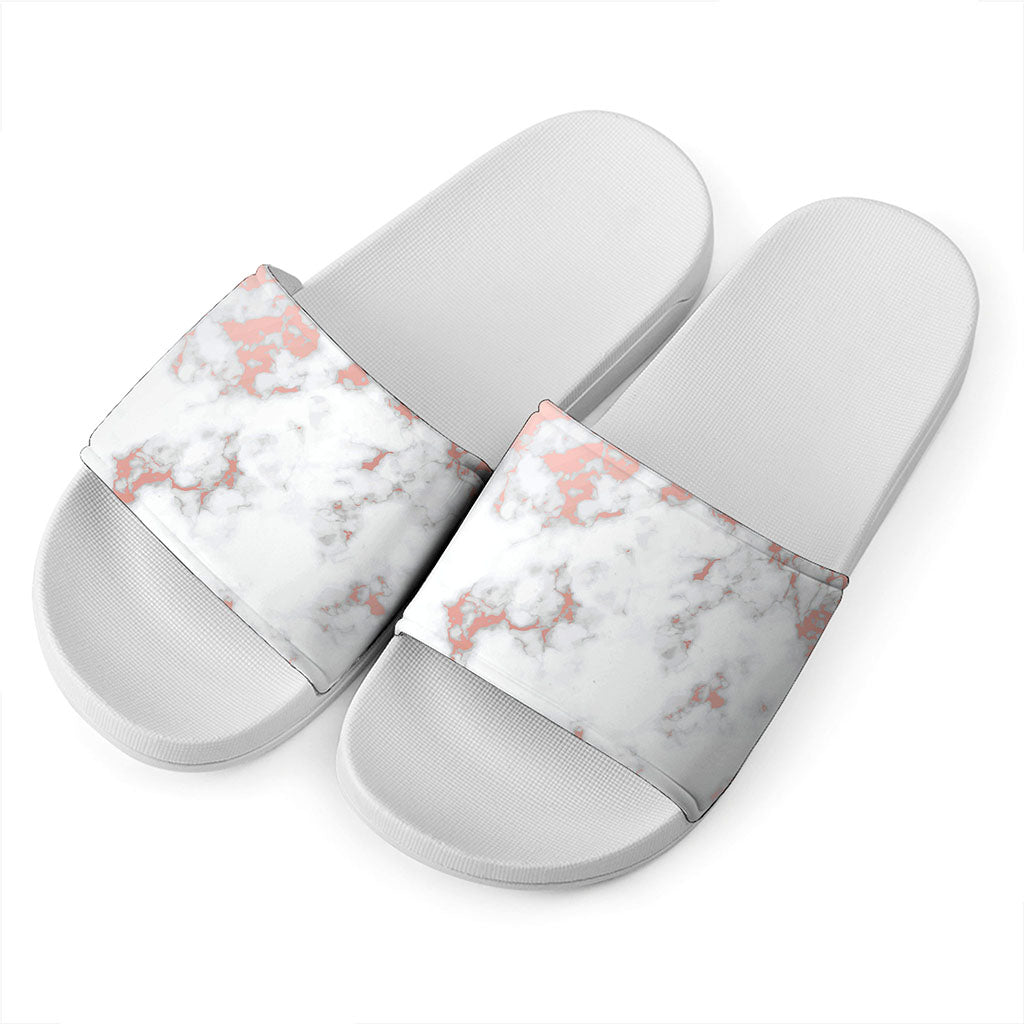 White Rose Gold Marble Print White Slide Sandals