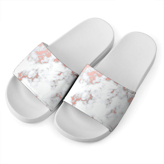 White Rose Gold Marble Print White Slide Sandals