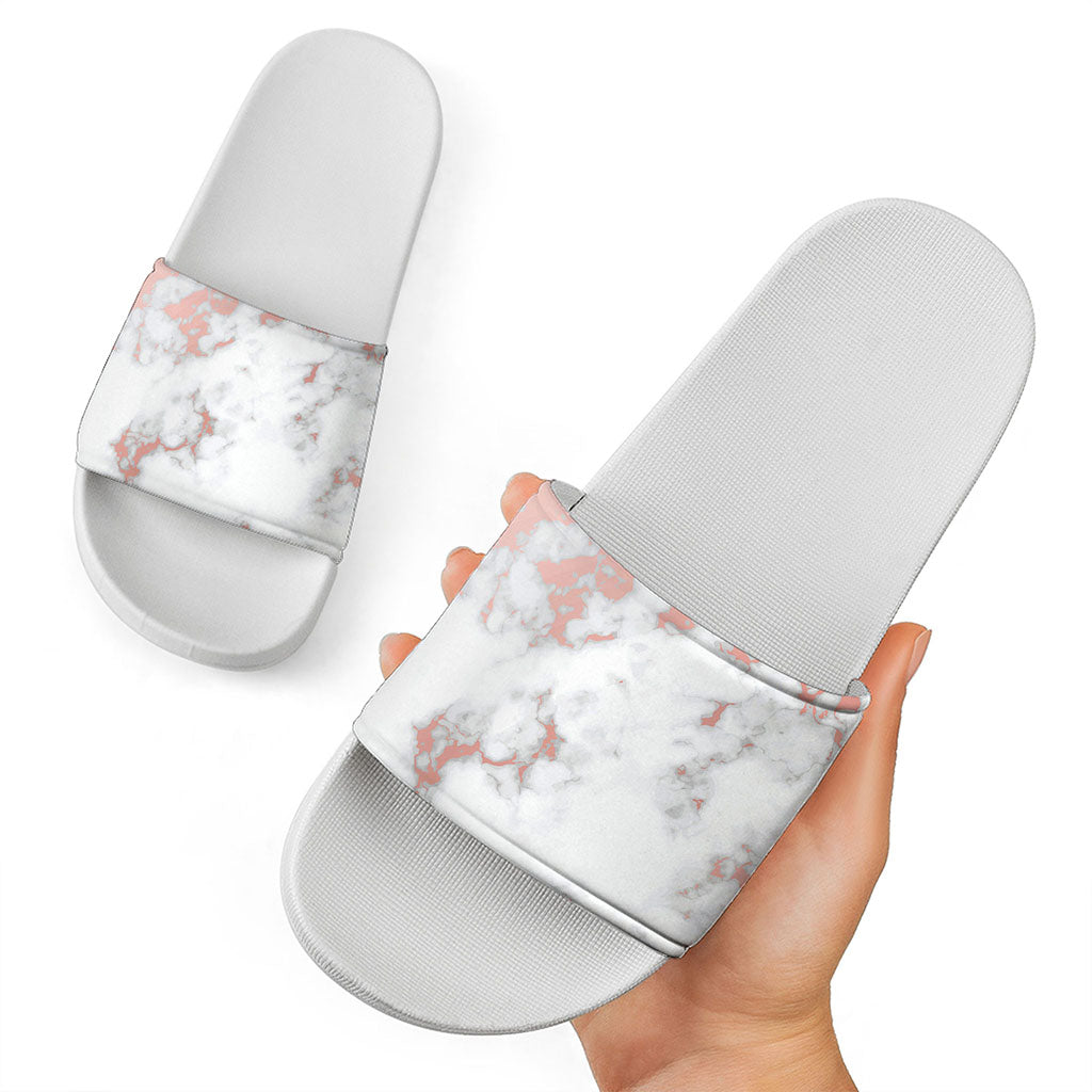 White Rose Gold Marble Print White Slide Sandals