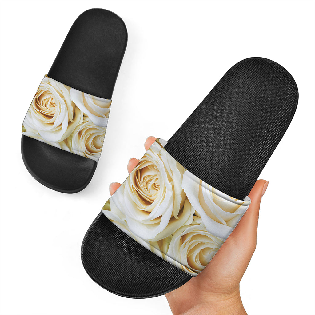 White Rose Print Black Slide Sandals
