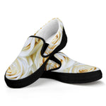 White Rose Print Black Slip On Shoes
