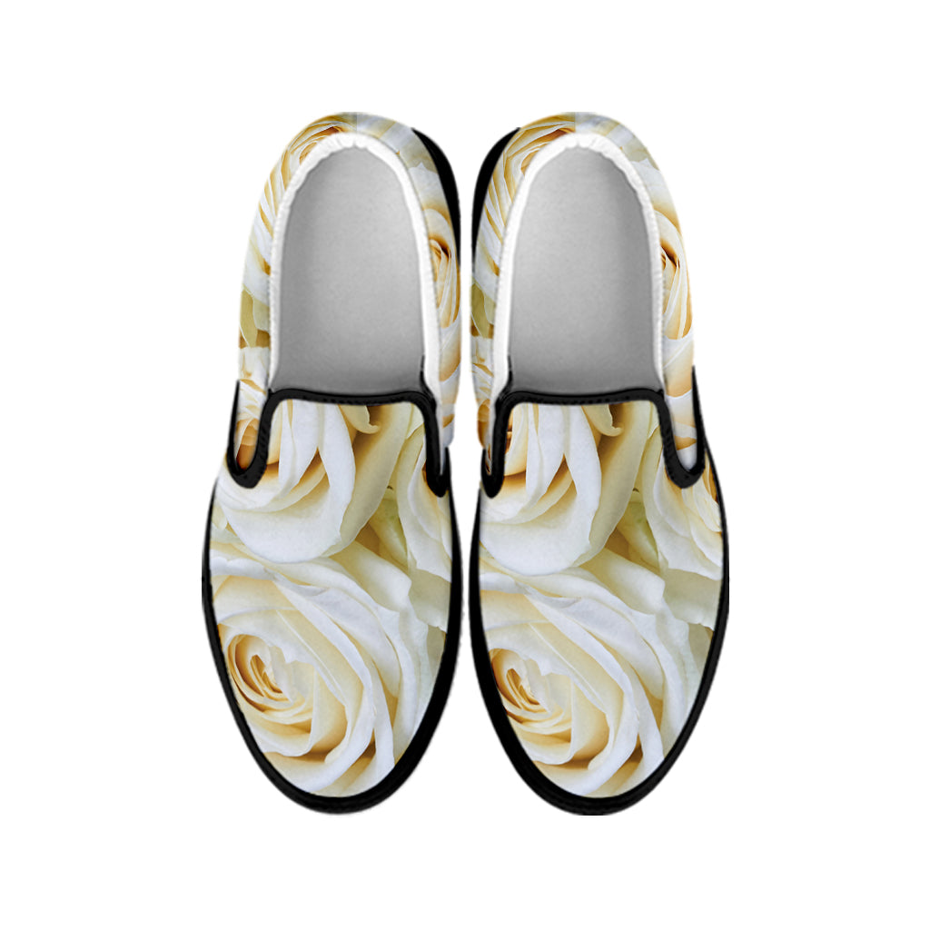 White Rose Print Black Slip On Shoes