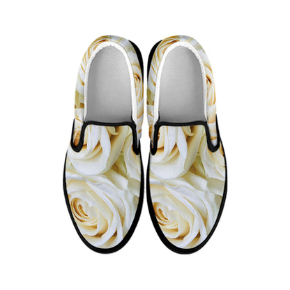 White Rose Print Black Slip On Shoes
