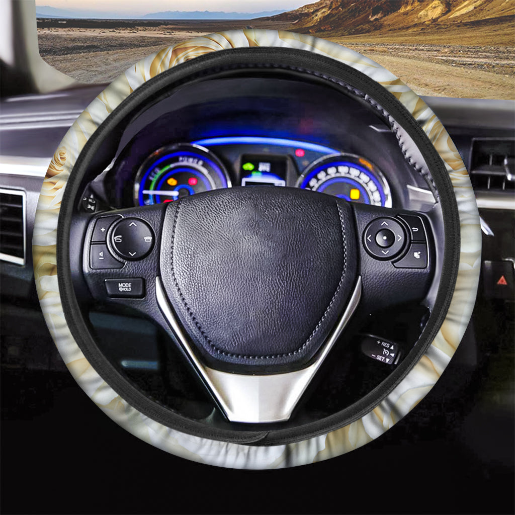 White Rose Print Car Steering Wheel Cover