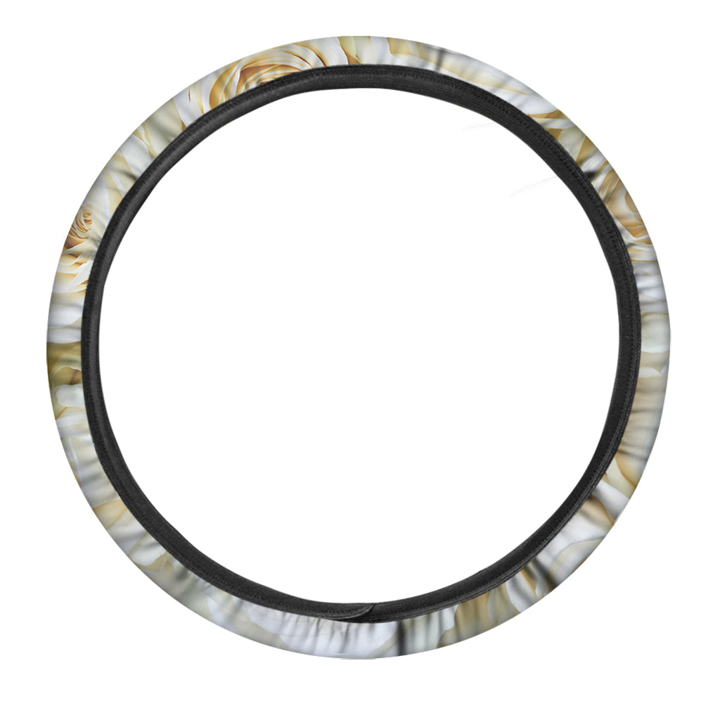 White Rose Print Car Steering Wheel Cover