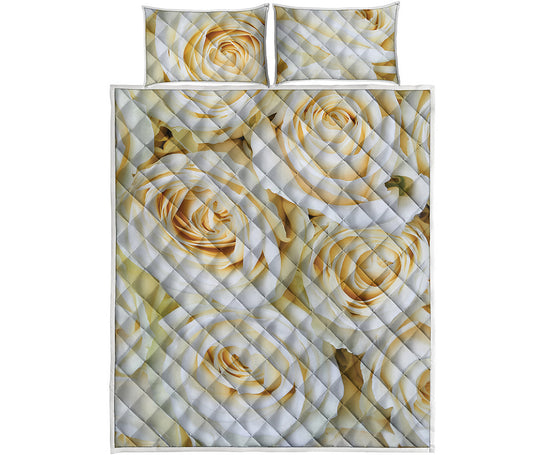 White Rose Print Quilt Bed Set