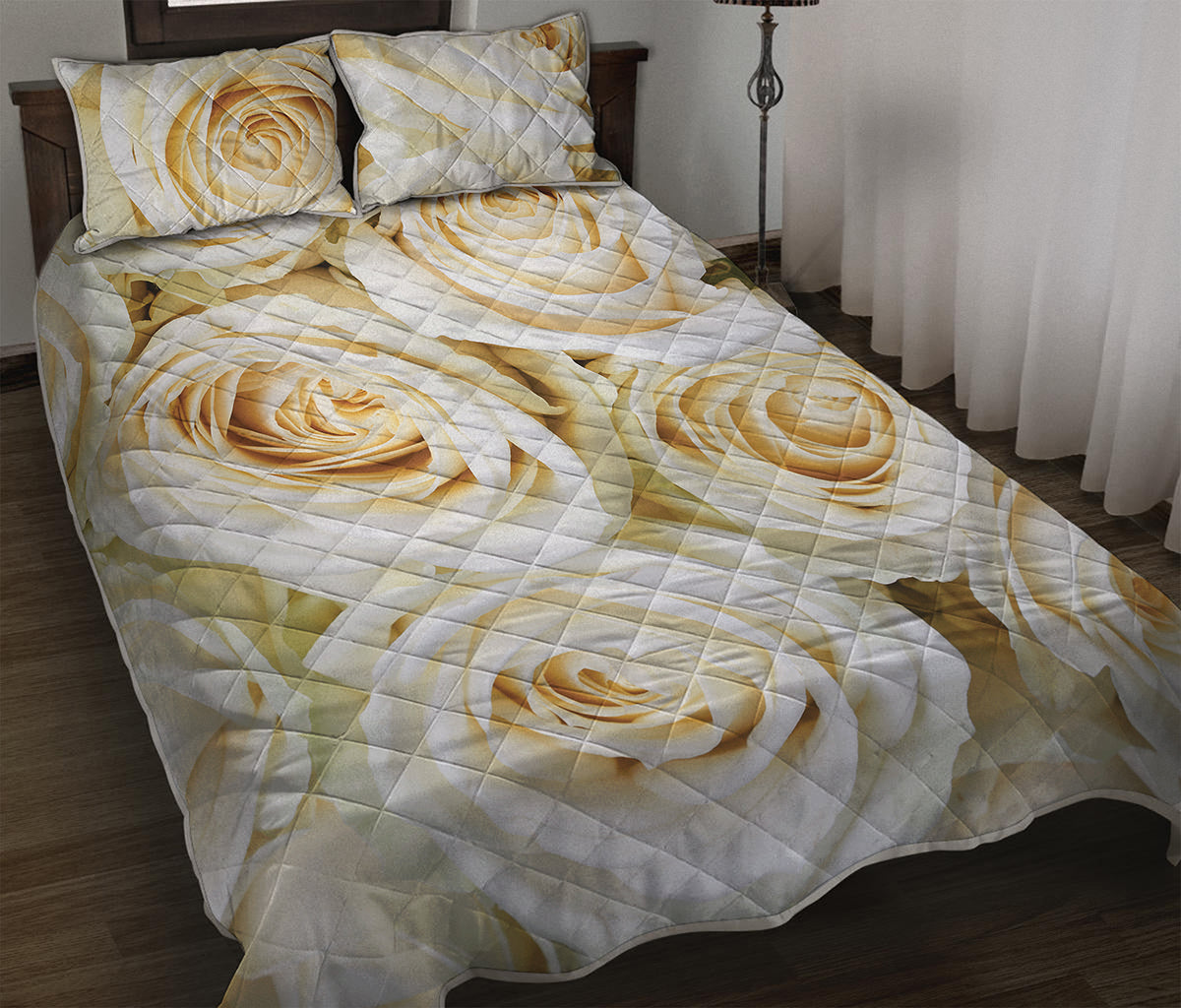 White Rose Print Quilt Bed Set