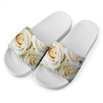 White Rose Print White Slide Sandals