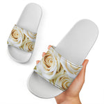 White Rose Print White Slide Sandals