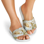 White Rose Print White Slide Sandals