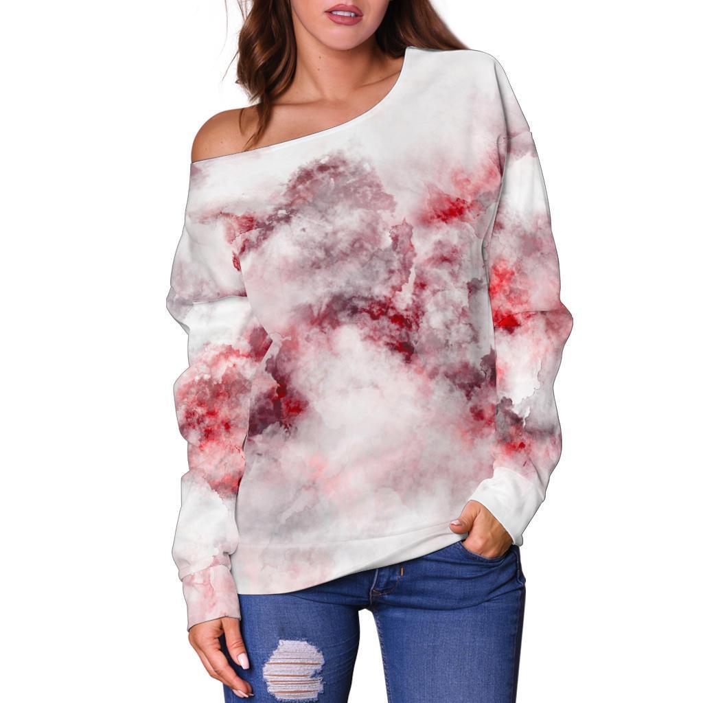 White Ruby Marble Print Off Shoulder Sweatshirt GearFrost