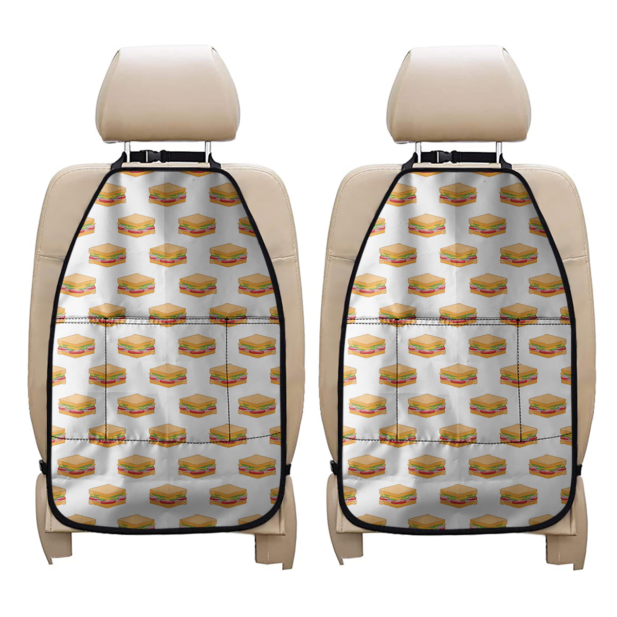 White Sandwiches Pattern Print Car Seat Organizers