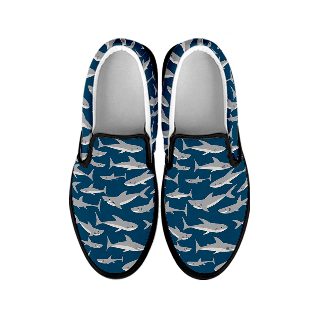 White Shark Pattern Print Black Slip On Shoes