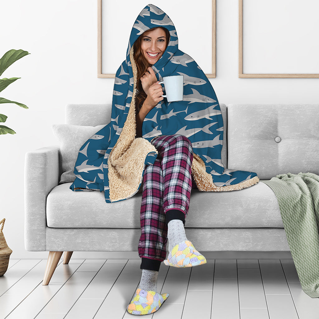 White Shark Pattern Print Hooded Blanket