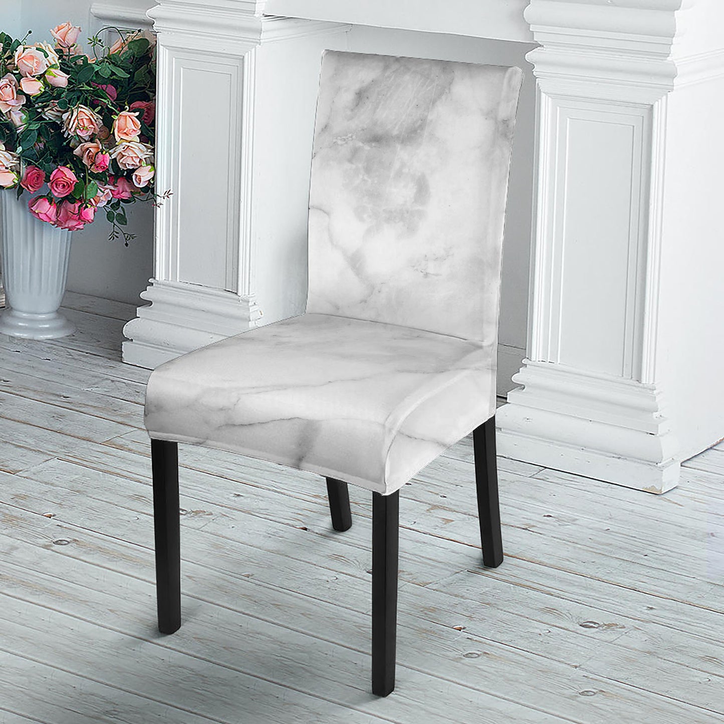 White Smoke Marble Print Dining Chair Slipcover