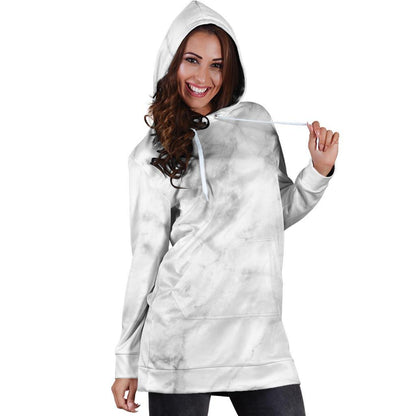 White Smoke Marble Print Hoodie Dress GearFrost
