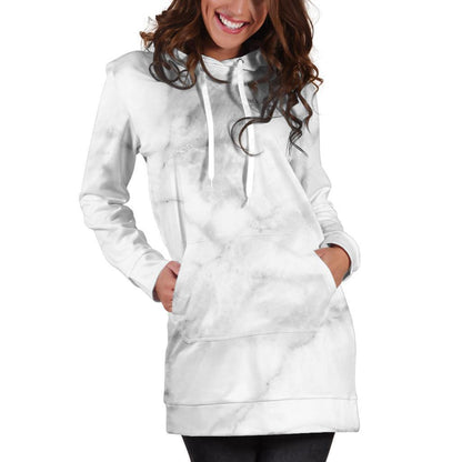White Smoke Marble Print Hoodie Dress GearFrost