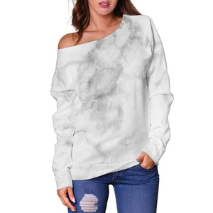 White Smoke Marble Print Off Shoulder Sweatshirt GearFrost