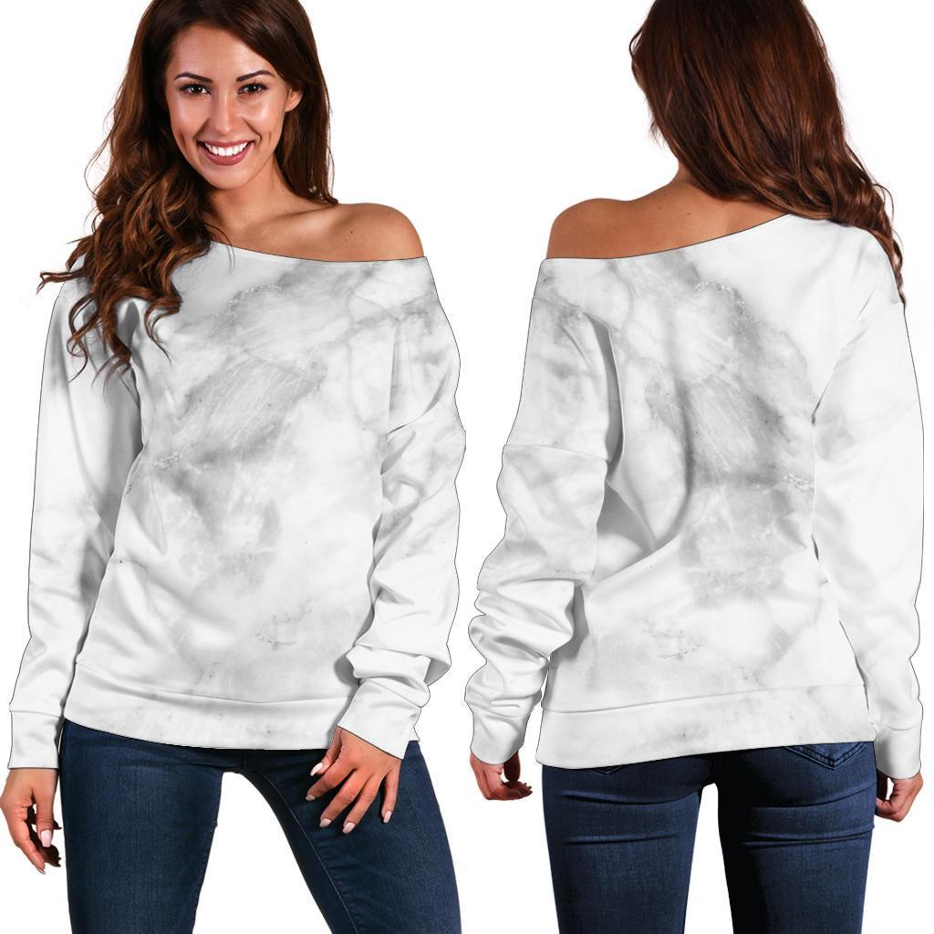 White Smoke Marble Print Off Shoulder Sweatshirt GearFrost