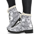 White Snow Camouflage Print Faux Fur Leather Boots