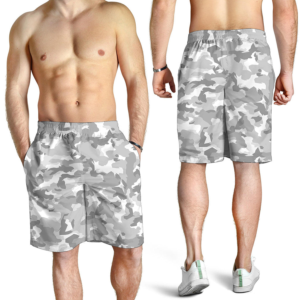 White Snow Camouflage Print Men's Shorts