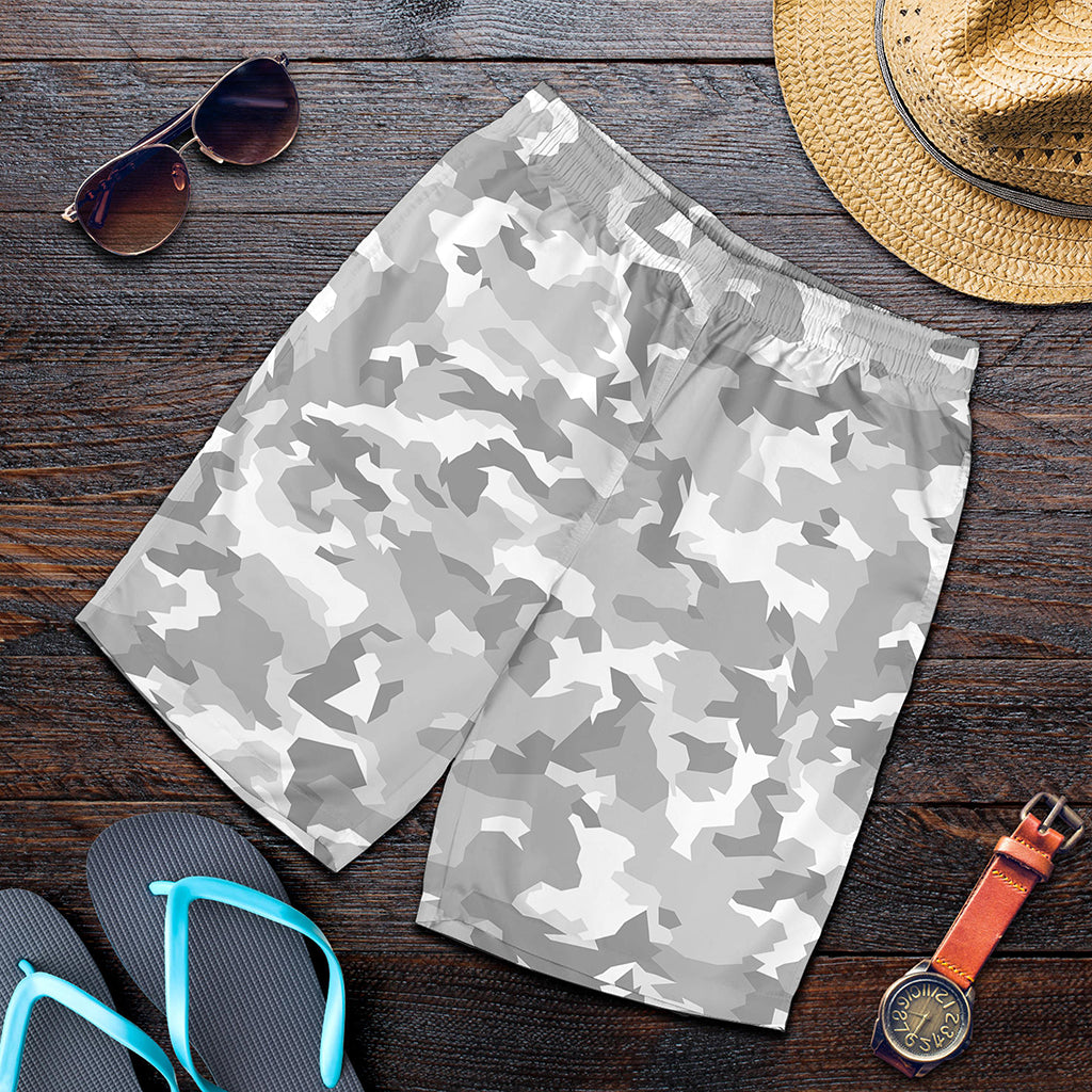 White Snow Camouflage Print Men's Shorts