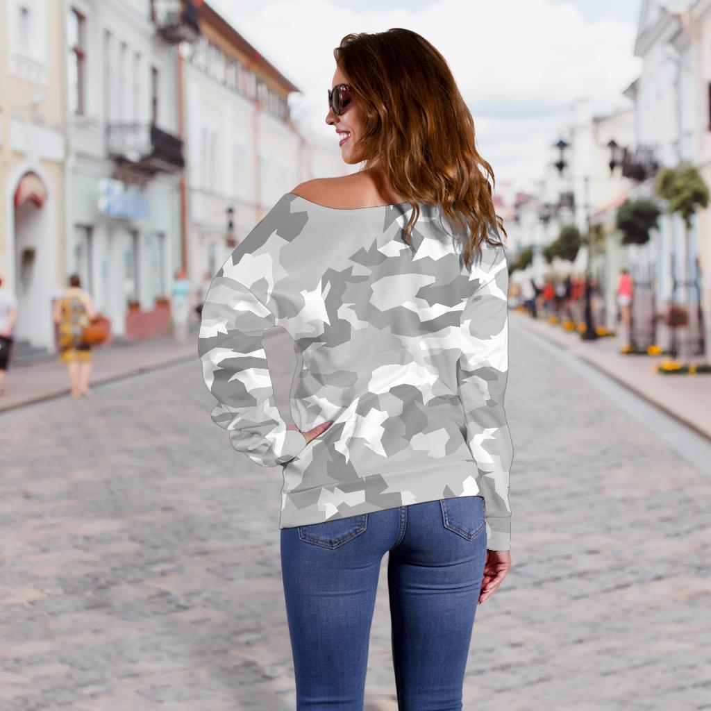 White Snow Camouflage Print Off Shoulder Sweatshirt GearFrost