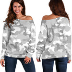 White Snow Camouflage Print Off Shoulder Sweatshirt GearFrost