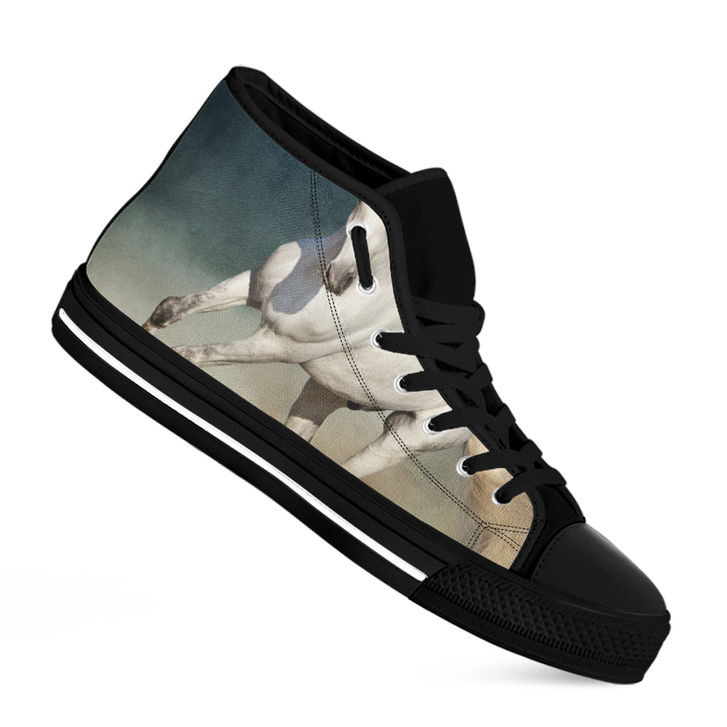 White Stallion Horse Print Black High Top Shoes