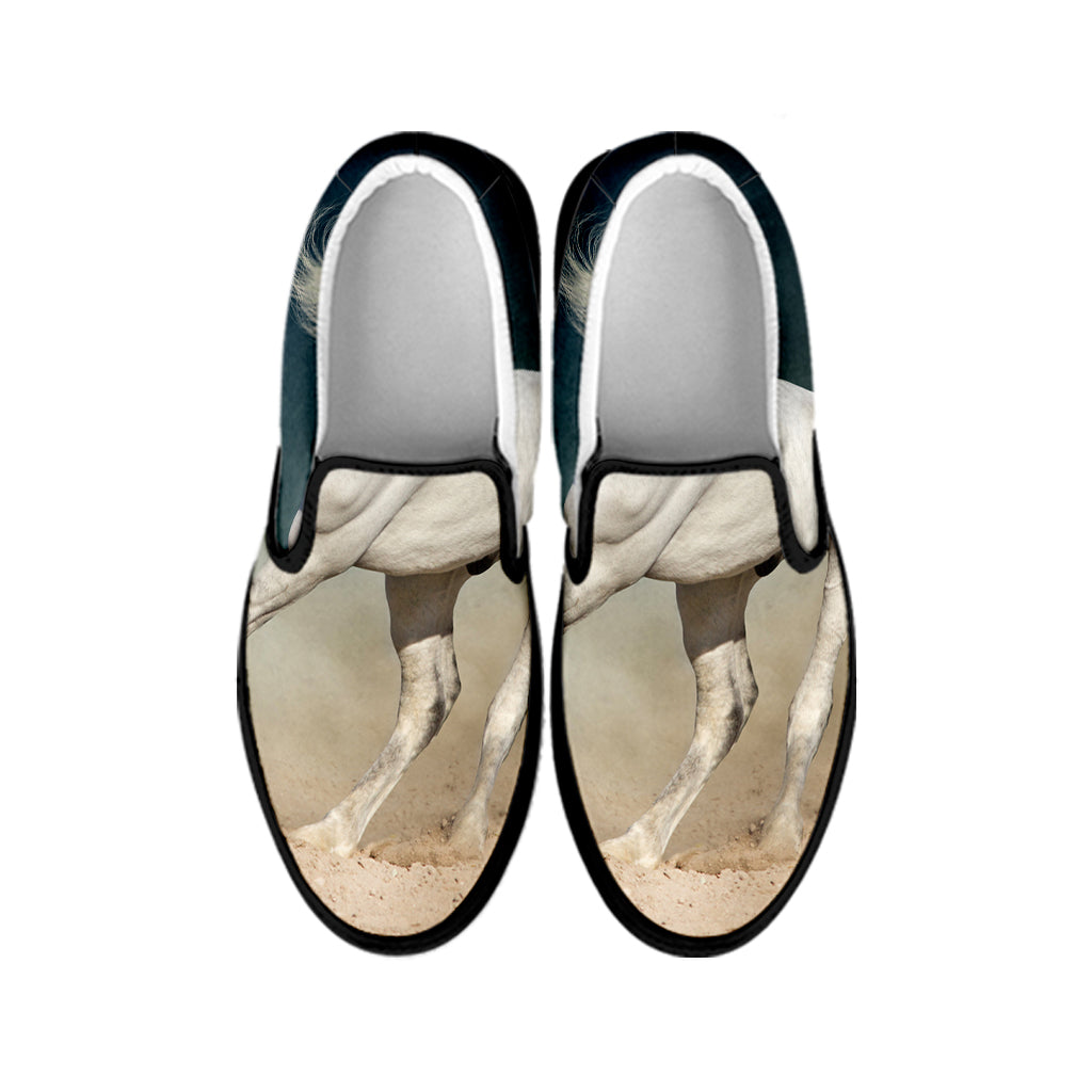 White Stallion Horse Print Black Slip On Shoes