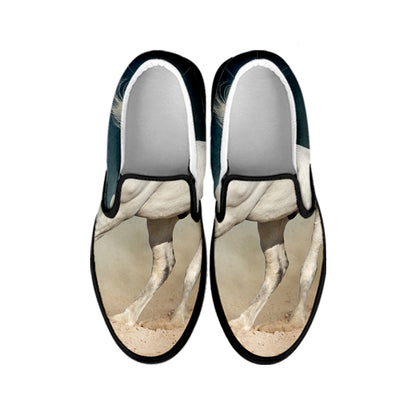 White Stallion Horse Print Black Slip On Shoes