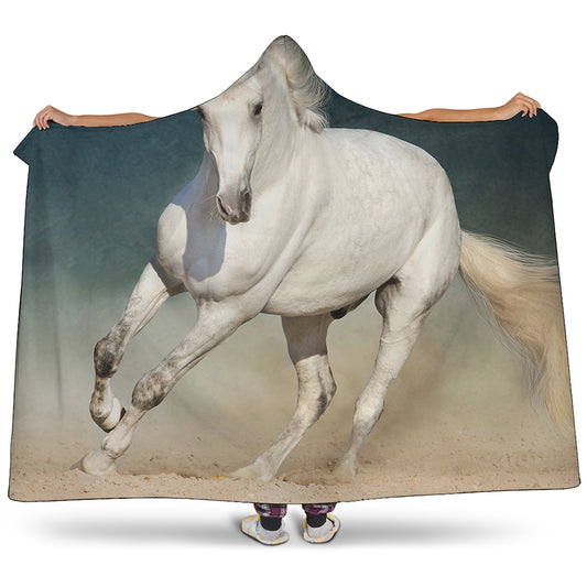 White Stallion Horse Print Hooded Blanket