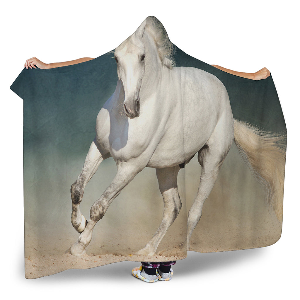 White Stallion Horse Print Hooded Blanket
