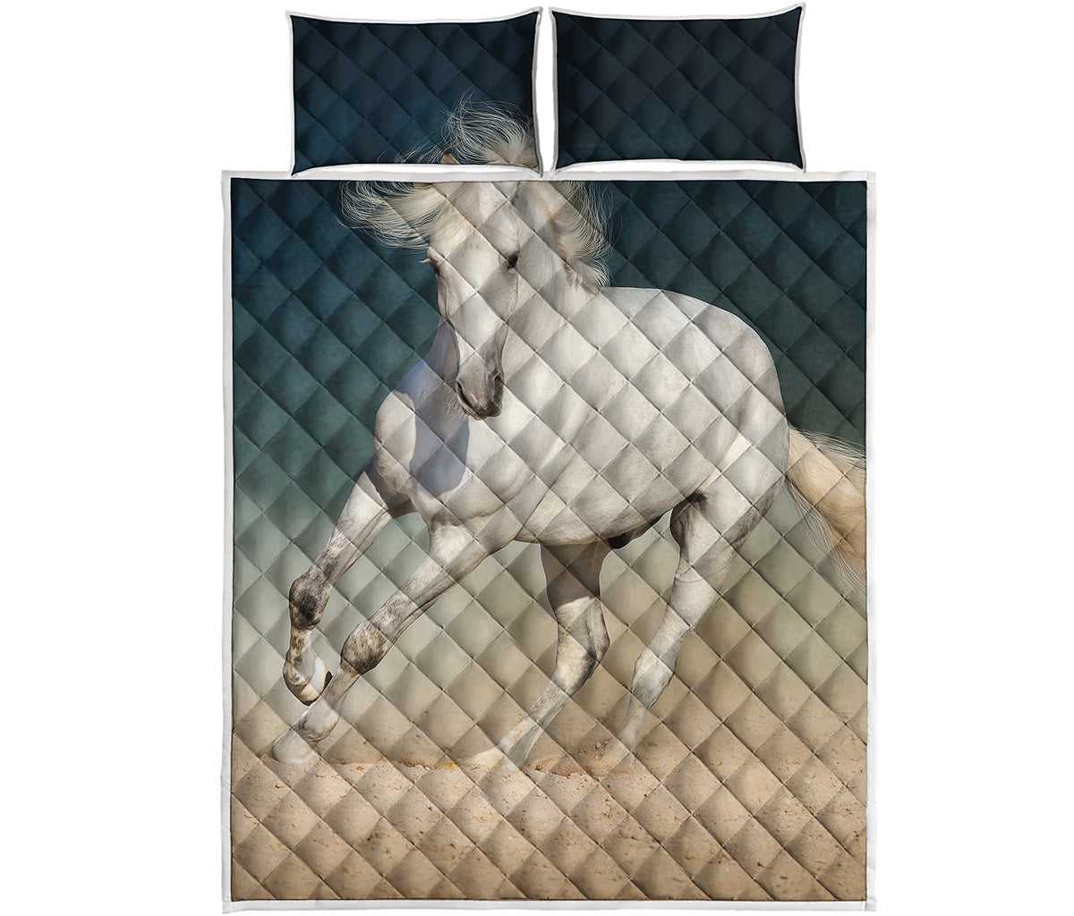 White Stallion Horse Print Quilt Bed Set