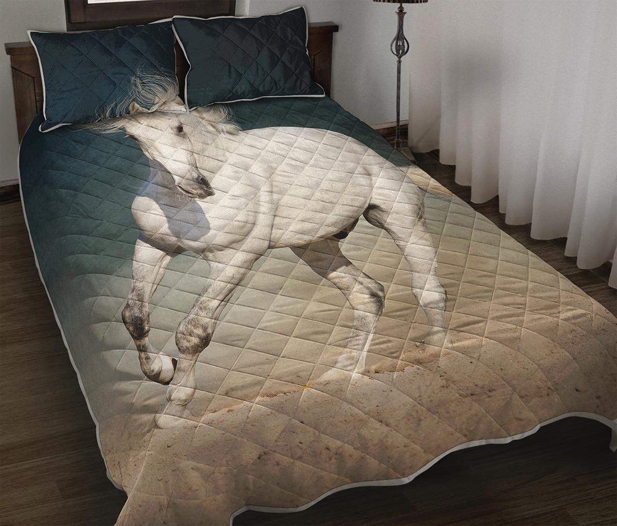 White Stallion Horse Print Quilt Bed Set