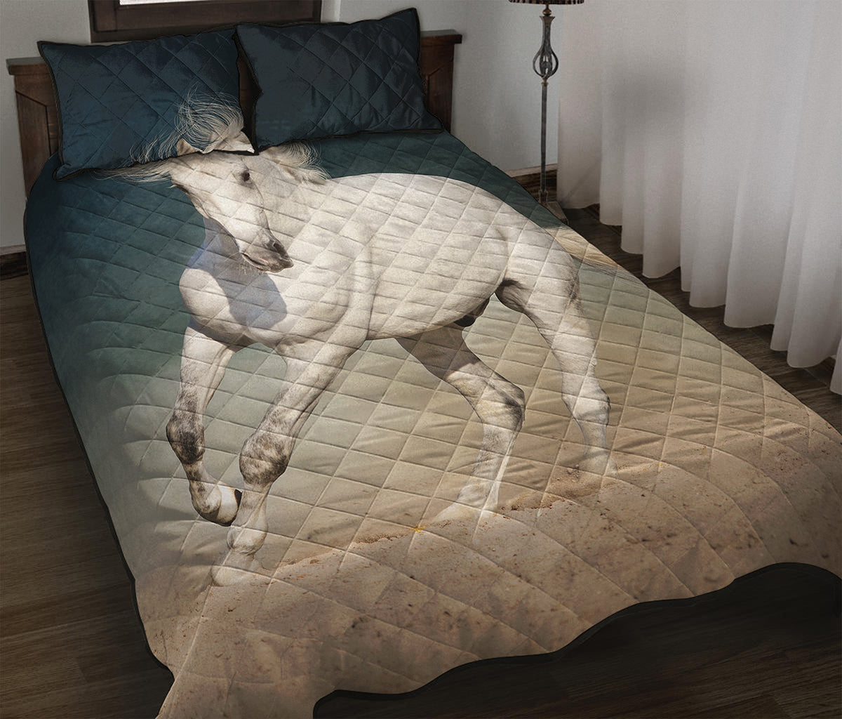 White Stallion Horse Print Quilt Bed Set