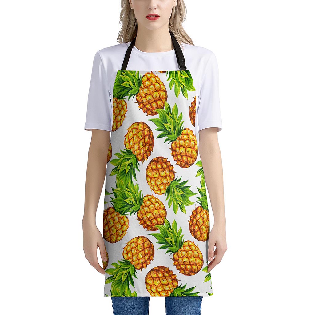 White Summer Pineapple Pattern Print Apron