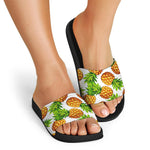White Summer Pineapple Pattern Print Black Slide Sandals