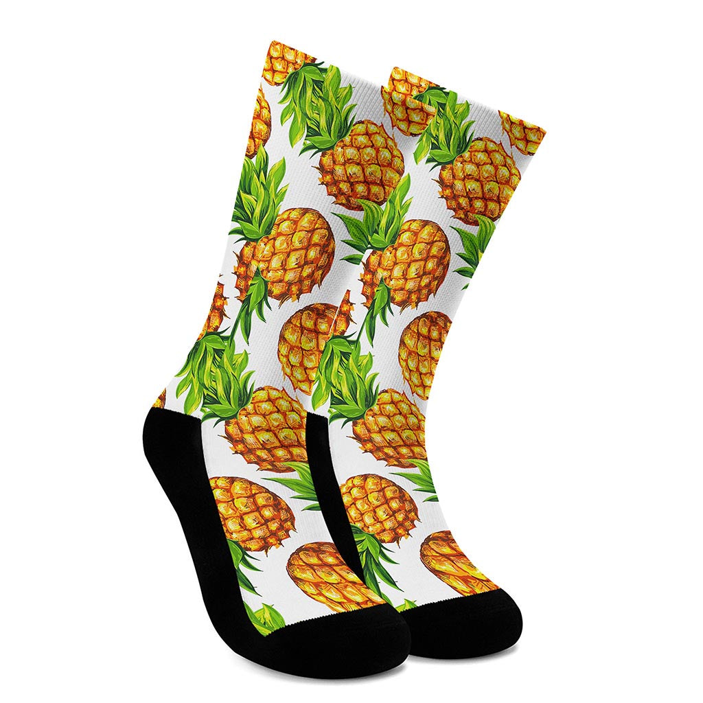 White Summer Pineapple Pattern Print Crew Socks