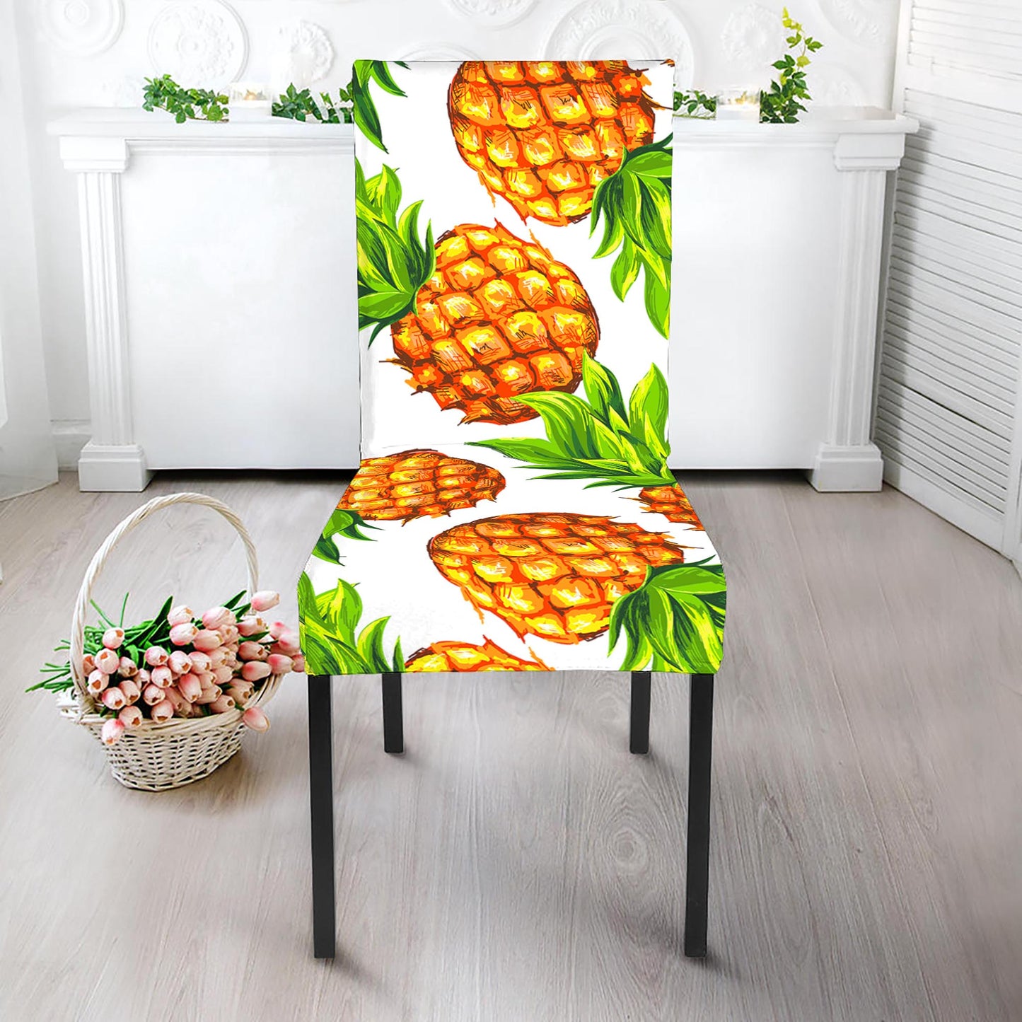 White Summer Pineapple Pattern Print Dining Chair Slipcover