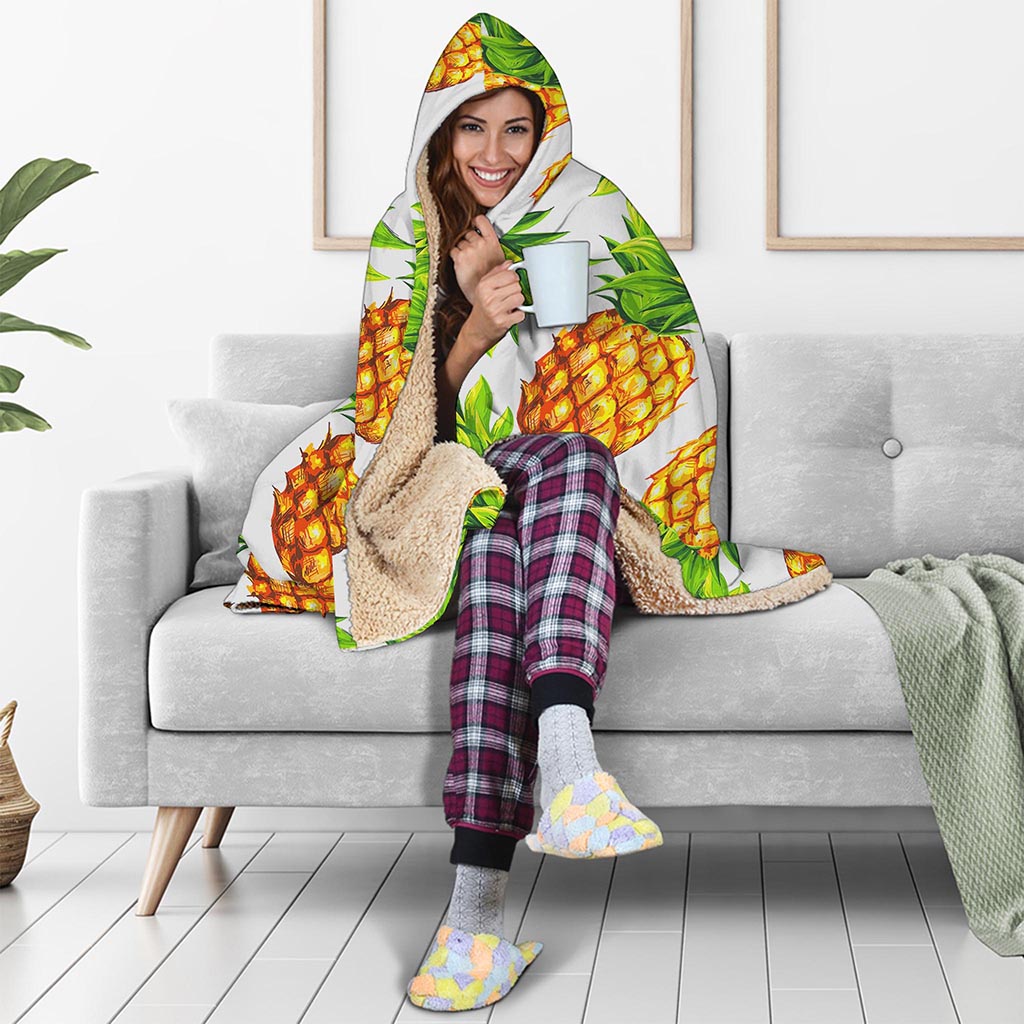 White Summer Pineapple Pattern Print Hooded Blanket