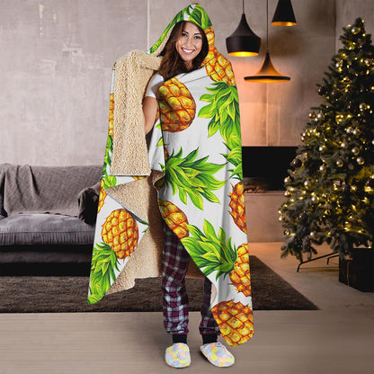 White Summer Pineapple Pattern Print Hooded Blanket