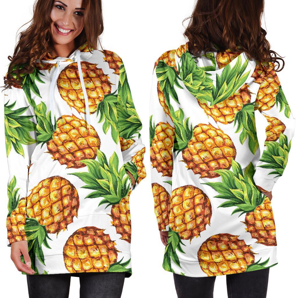 White Summer Pineapple Pattern Print Hoodie Dress GearFrost